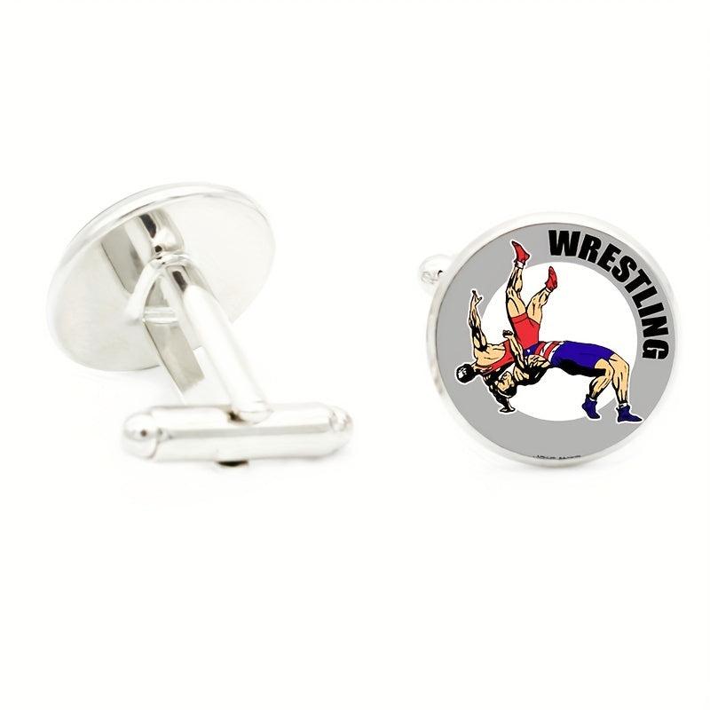 Wrestling Glass Gem Cufflinks Rhodium Plated Alloy Base Gentleman Cuff Link