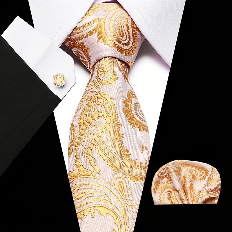 Men's Jacquard Woven Tie Set With Pocket Square & Cufflinks