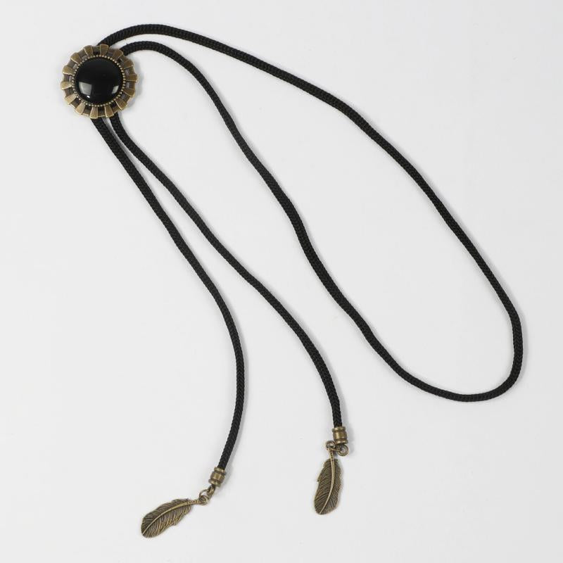 Men's Retro Gemstone Polo Collar Tie Western Cowboy Shirt Necklace