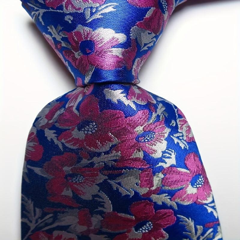 Men's Red Flower Necktie Classic Printed Tie for Business Party Wedding