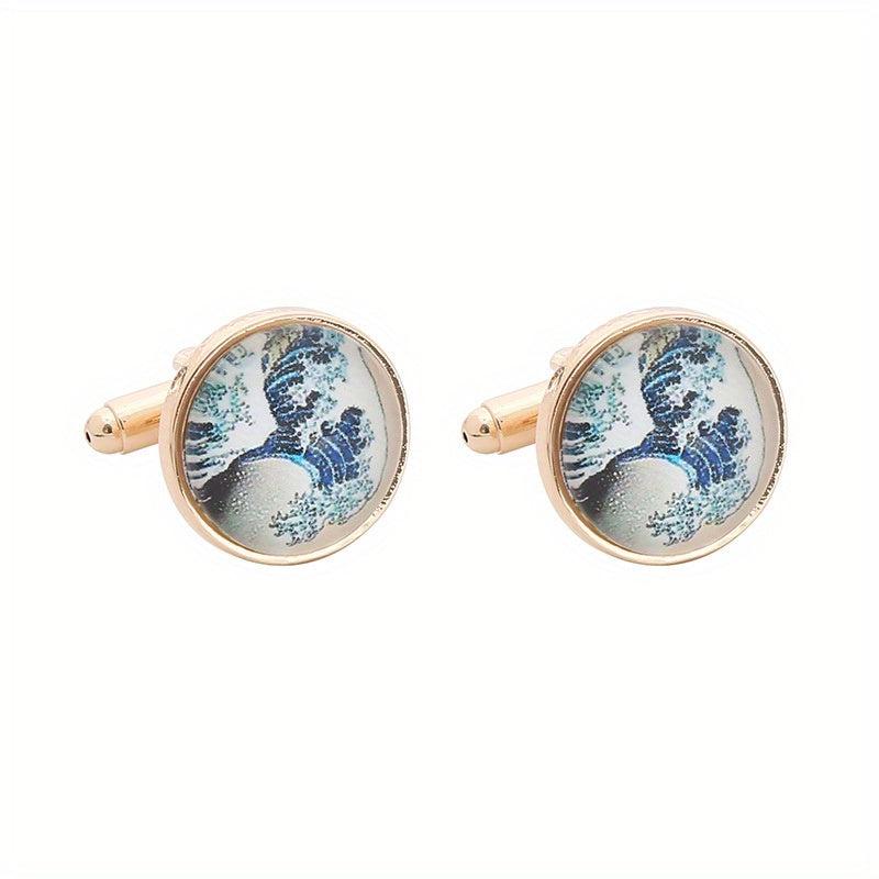 Men's French Cufflinks Tree Of Life World Map Sea Wave Striped Cufflinks