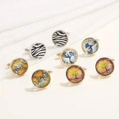 Men's French Cufflinks Tree Of Life World Map Sea Wave Striped Cufflinks