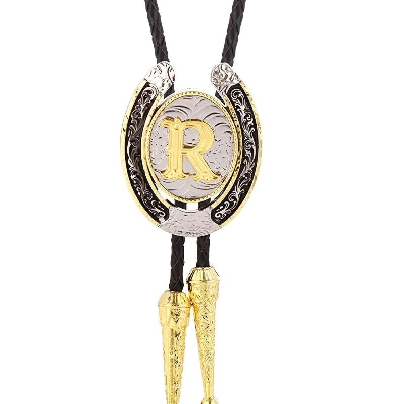 Western Cowboy Zinc Alloy BOLO Tie Round Natural Letter R Tie