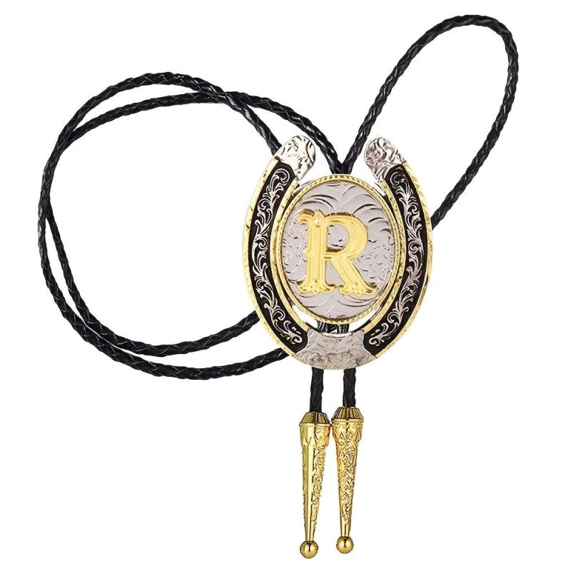 Western Cowboy Zinc Alloy BOLO Tie Round Natural Letter R Tie