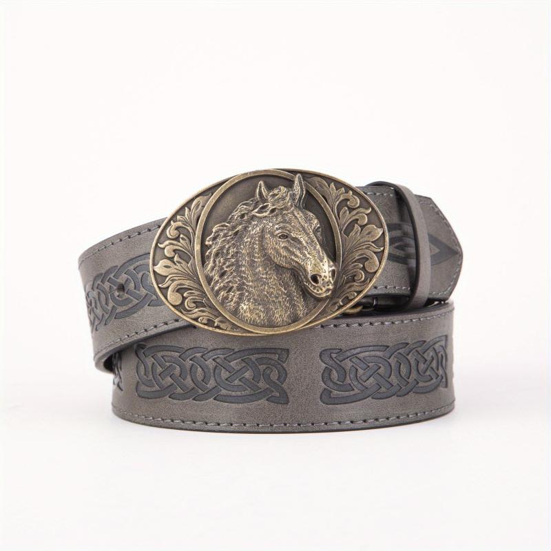 Men's PU Leather Horse Head Buckle Belt Western Cowboy Belt