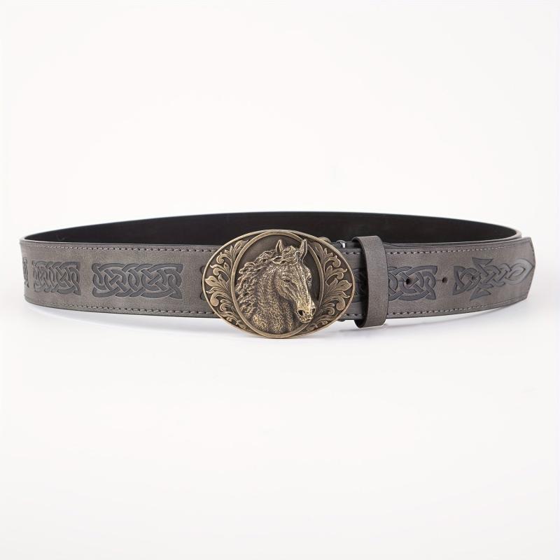 Men's PU Leather Horse Head Buckle Belt Western Cowboy Belt