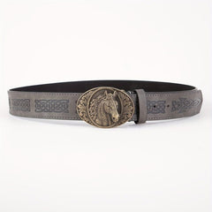 Men's PU Leather Horse Head Buckle Belt Western Cowboy Belt