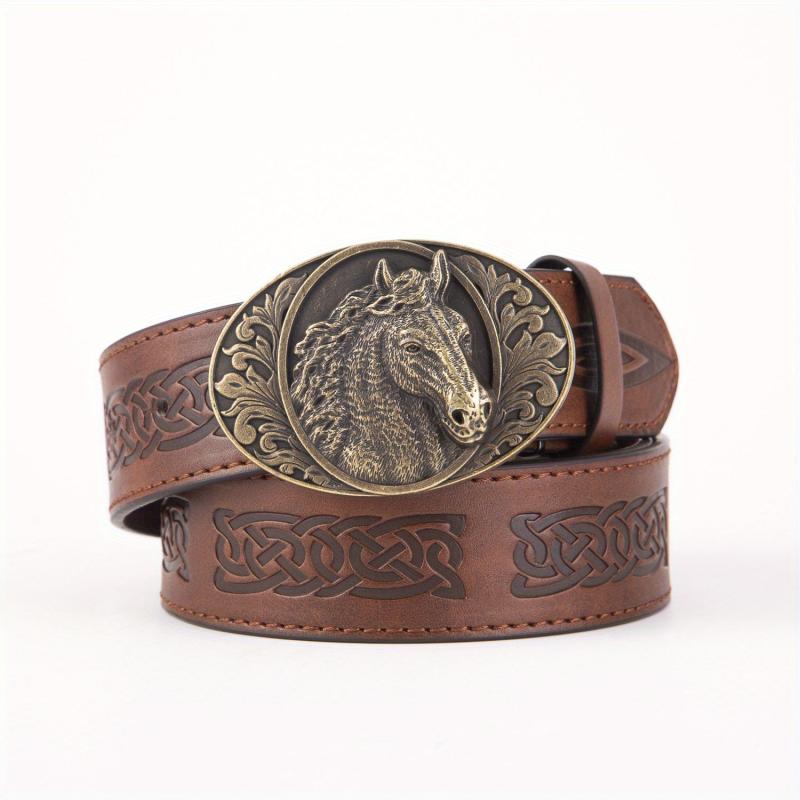 Men's PU Leather Horse Head Buckle Belt Western Cowboy Belt
