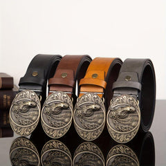 Men's PU Leather Horse Head Buckle Belt Western Cowboy Belt