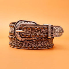 Men's PU Leather Belt Retro Flowers Pattern Buckle Belt for Pants Jeans