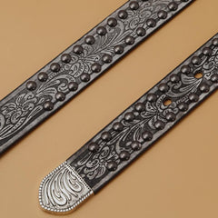 Men's PU Leather Belt Retro Flowers Pattern Buckle Belt for Pants Jeans