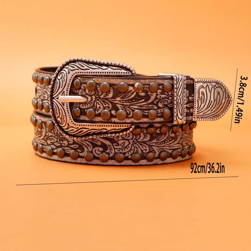 Men's PU Leather Belt Retro Flowers Pattern Buckle Belt for Pants Jeans