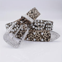Leopard Inlaid Diamond Punk Style Leather Belt Pants