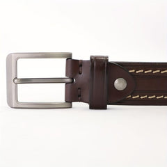 Hand Sewn Embossed Cowhide Gun Square Buckle Casual Deep Coffee Belt