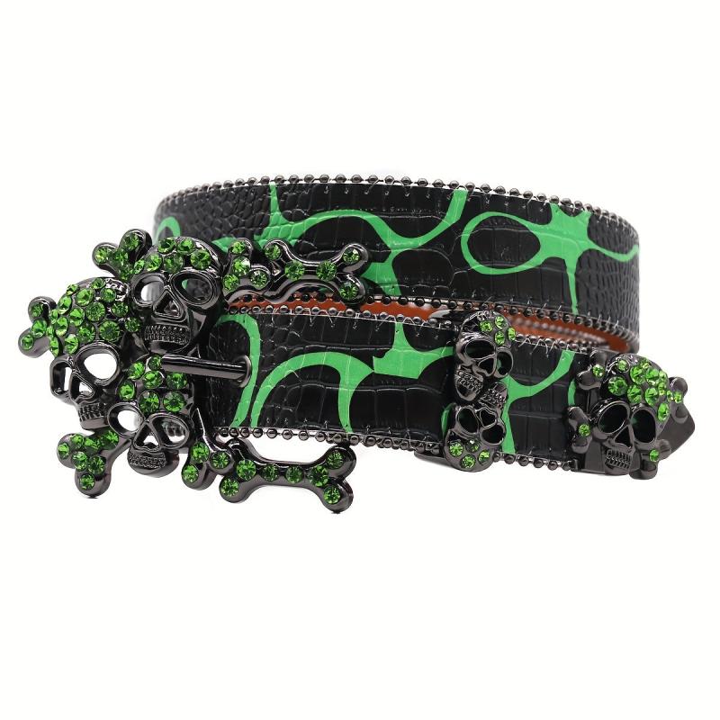 Green Large Skull Rhinestone Belt Hip hop Punk Stylish Men