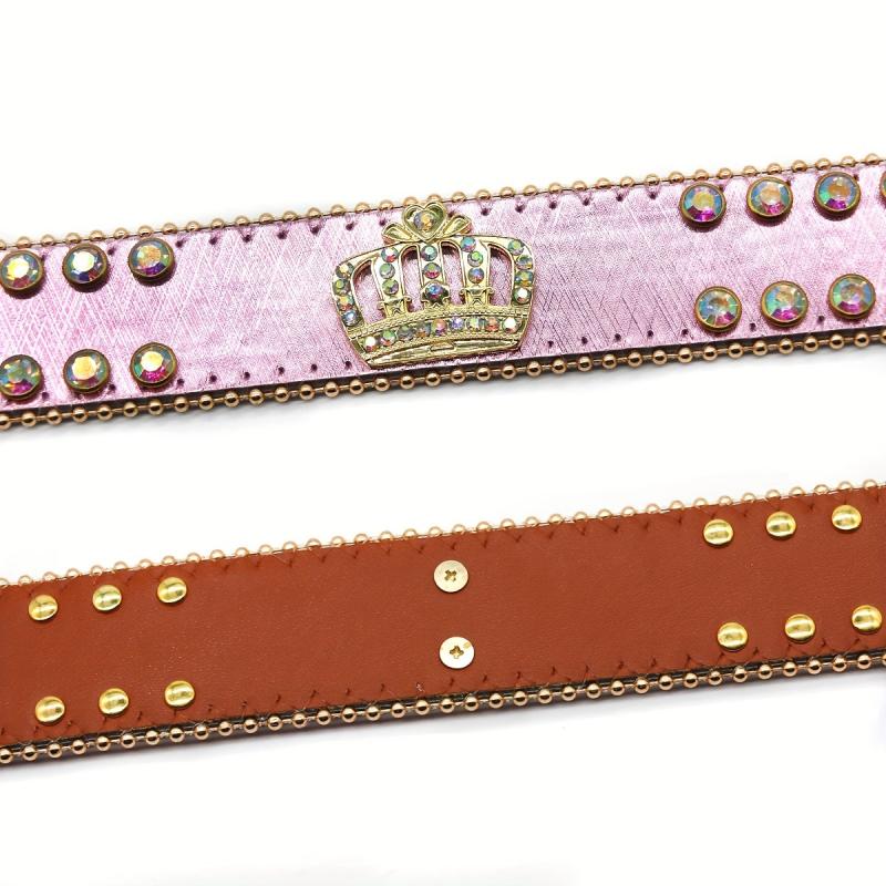 Punk Leather Belt with Crown Rhinestones & Alloy Buckle