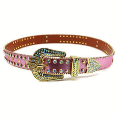 Punk Leather Belt with Crown Rhinestones & Alloy Buckle