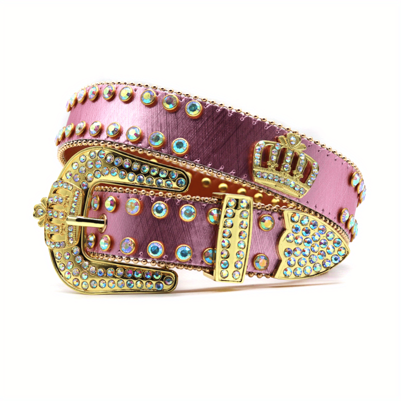 Punk Leather Belt with Crown Rhinestones & Alloy Buckle