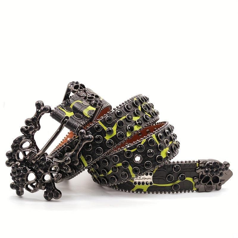 Men's Big Skull Rhinestone Inlaid PU Leather Belt Hip hop Style Buckle