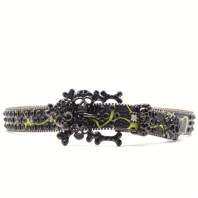 Men's Big Skull Rhinestone Inlaid PU Leather Belt Hip hop Style Buckle