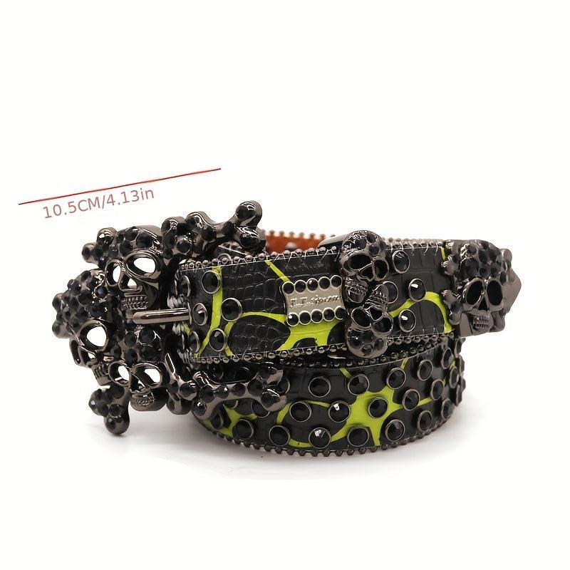 Men's Big Skull Rhinestone Inlaid PU Leather Belt Hip hop Style Buckle