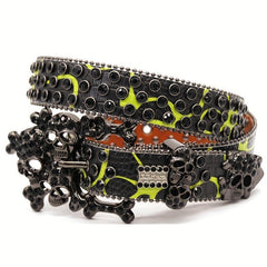 Men's Big Skull Rhinestone Inlaid PU Leather Belt Hip hop Style Buckle