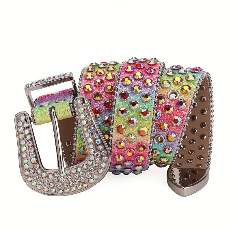 Rainbow Rhinestone Western Cowboy Cowgirl Belt Strap for Jeans Dress