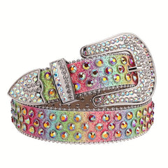 Rainbow Rhinestone Western Cowboy Cowgirl Belt Strap for Jeans Dress