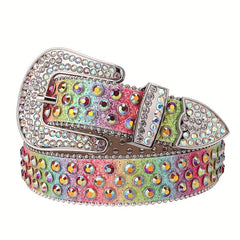 Rainbow Rhinestone Western Cowboy Cowgirl Belt Strap for Jeans Dress
