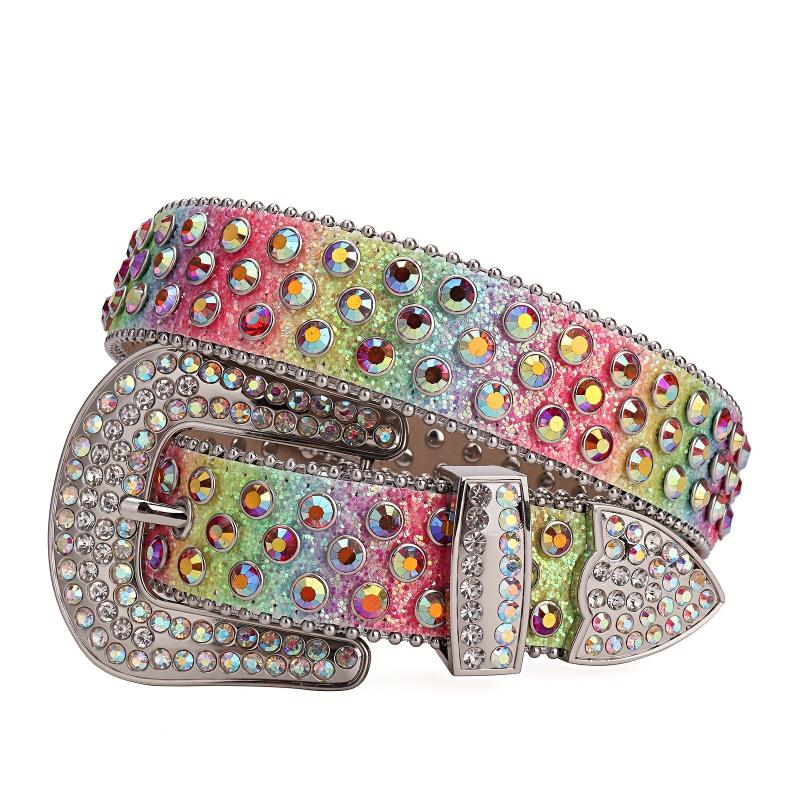 Rainbow Rhinestone Western Cowboy Cowgirl Belt Strap for Jeans Dress