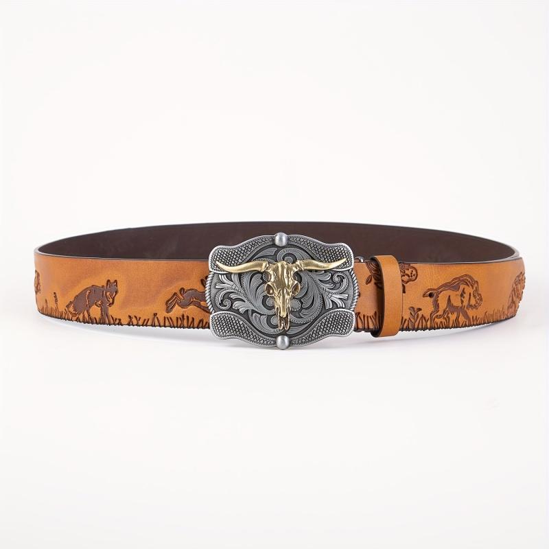 Men's Leather Belt Retro Embossed Western Cowboy Buckle Punk Style Belt