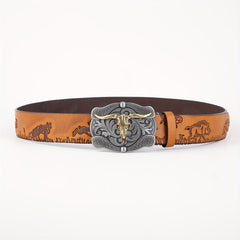 Men's Leather Belt Retro Embossed Western Cowboy Buckle Punk Style Belt