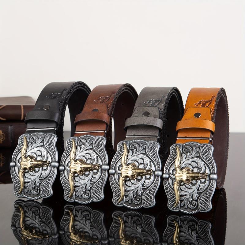 Men's Leather Belt Retro Embossed Western Cowboy Buckle Punk Style Belt