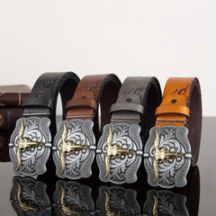 Men's Leather Belt Retro Embossed Western Cowboy Buckle Punk Style Belt