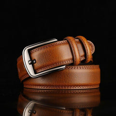 Men's Two Layer Cowhide Belt Punch Pin Buckle Hard Cowboy Pants Belt