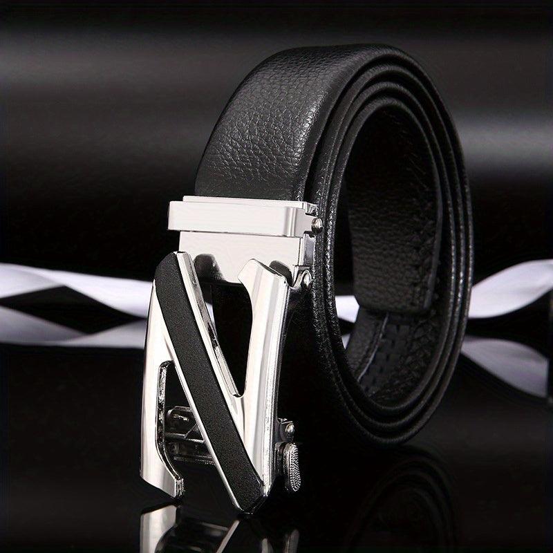 Men's PU Leather Belt Automatic Buckle Lychee Pattern Business Casual Wear