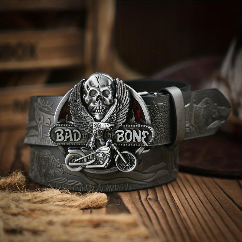 Men's Casual Skull Buckle PU Leather Belt Vintage Western Style Dress Belt