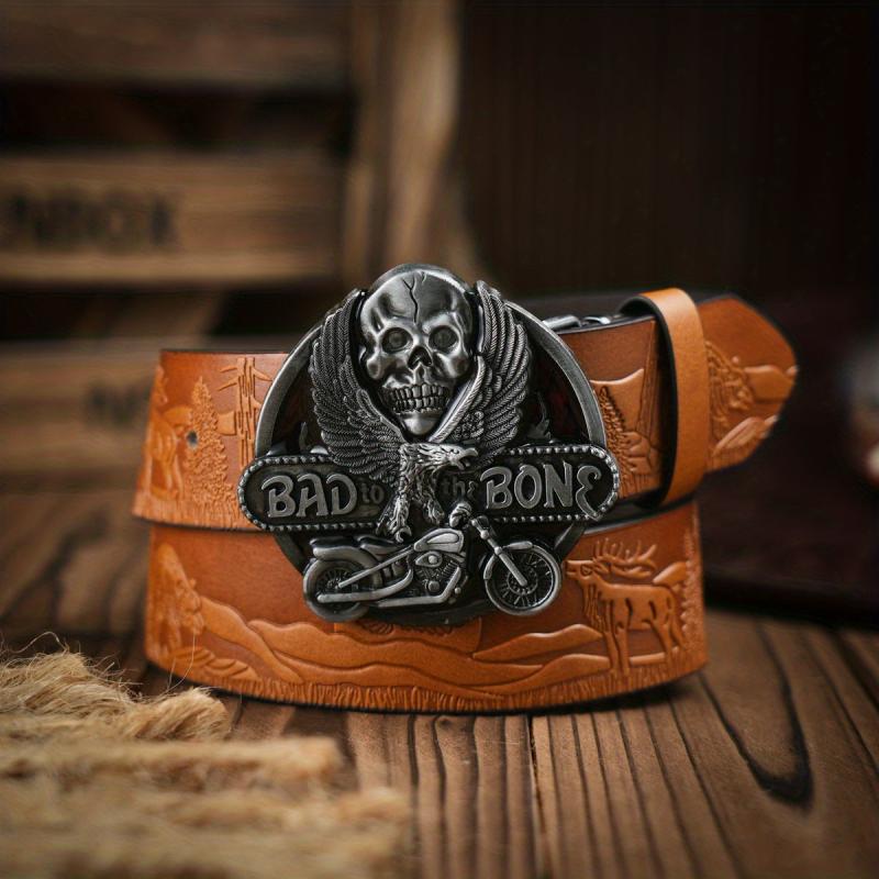 Men's Casual Skull Buckle PU Leather Belt Vintage Western Style Dress Belt