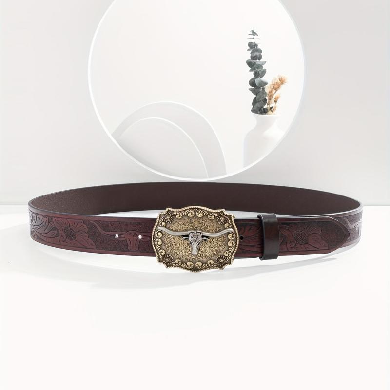 Men's Burgundy Western Cowboy Vintage Buckle Belt