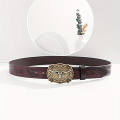 Men's Burgundy Western Cowboy Vintage Buckle Belt