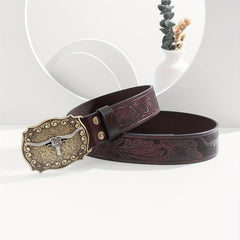 Men's Burgundy Western Cowboy Vintage Buckle Belt