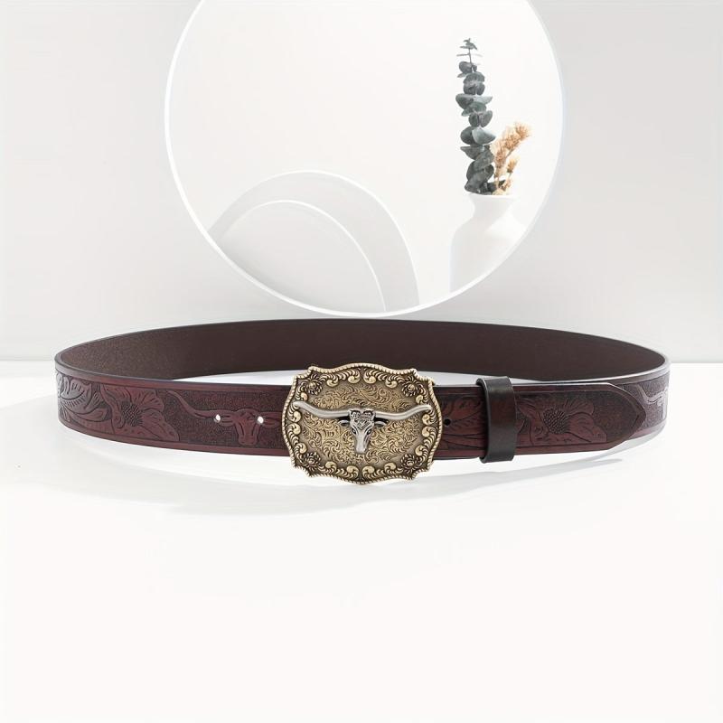 Men's Burgundy Western Cowboy Vintage Buckle Belt