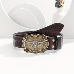Men's Burgundy Western Cowboy Vintage Buckle Belt