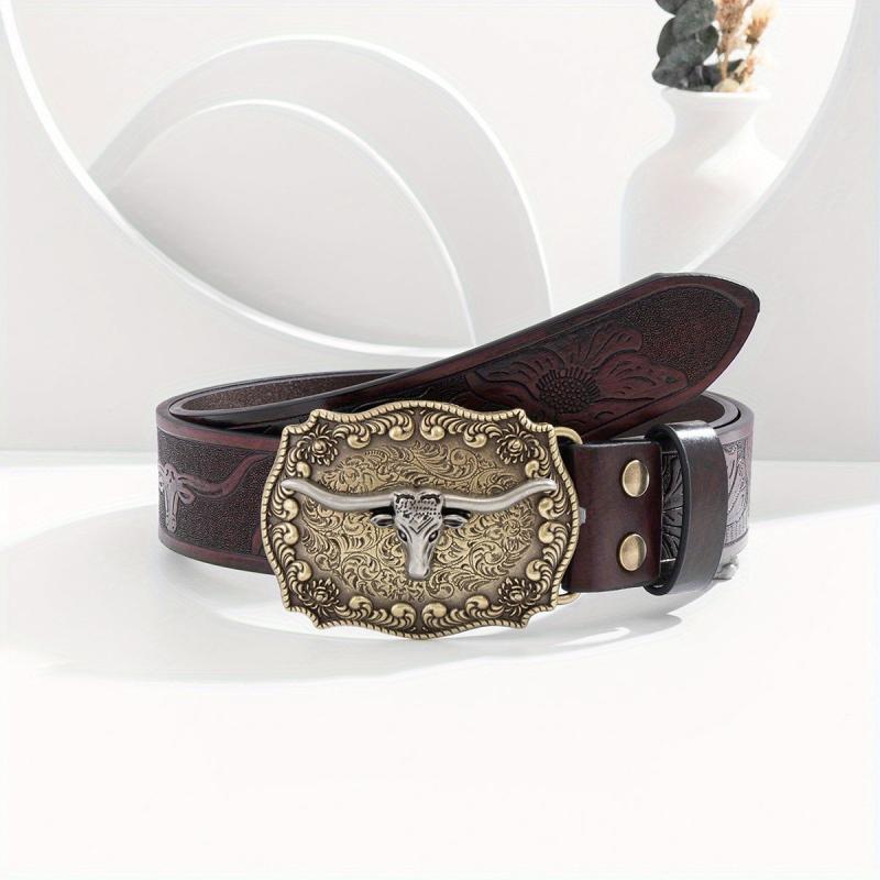 Men's Burgundy Western Cowboy Vintage Buckle Belt