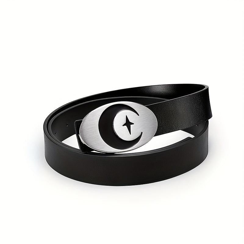 Men's Leather Belt Moon Punk Metal Buckle Decorative Belt