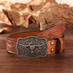 Bull Head Pattern Buckle Western Cowboy Belt Men's PU Leather Belt