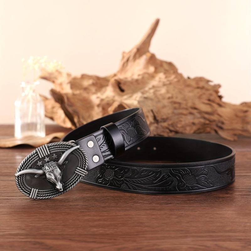 Bull Head Buckle Western Cowboy Retro Belt Business PU Leather
