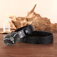 Bull Head Buckle Western Cowboy Retro Belt Business PU Leather