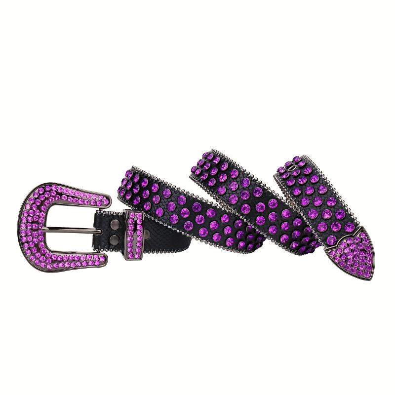 Purple Rhinestone Cowboy Belt Men Women Bling Crystal Studded Jeans Party