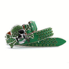 Green Big Skull Rhinestone Belt Men's Inlay Hip Hop Punk Style Belt